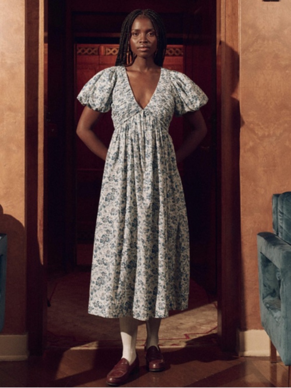 The GREAT Blue Floral Print Cotton Midi The Gallery Dress Size 2 / M 8-10 ($325)